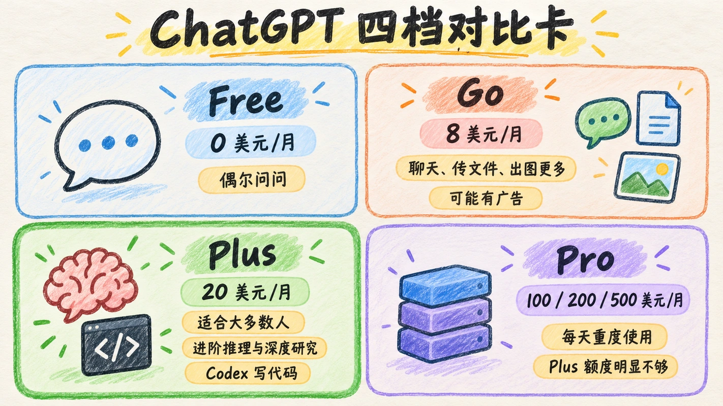 ChatGPT Free、Go、Plus、Pro 四档对比卡
