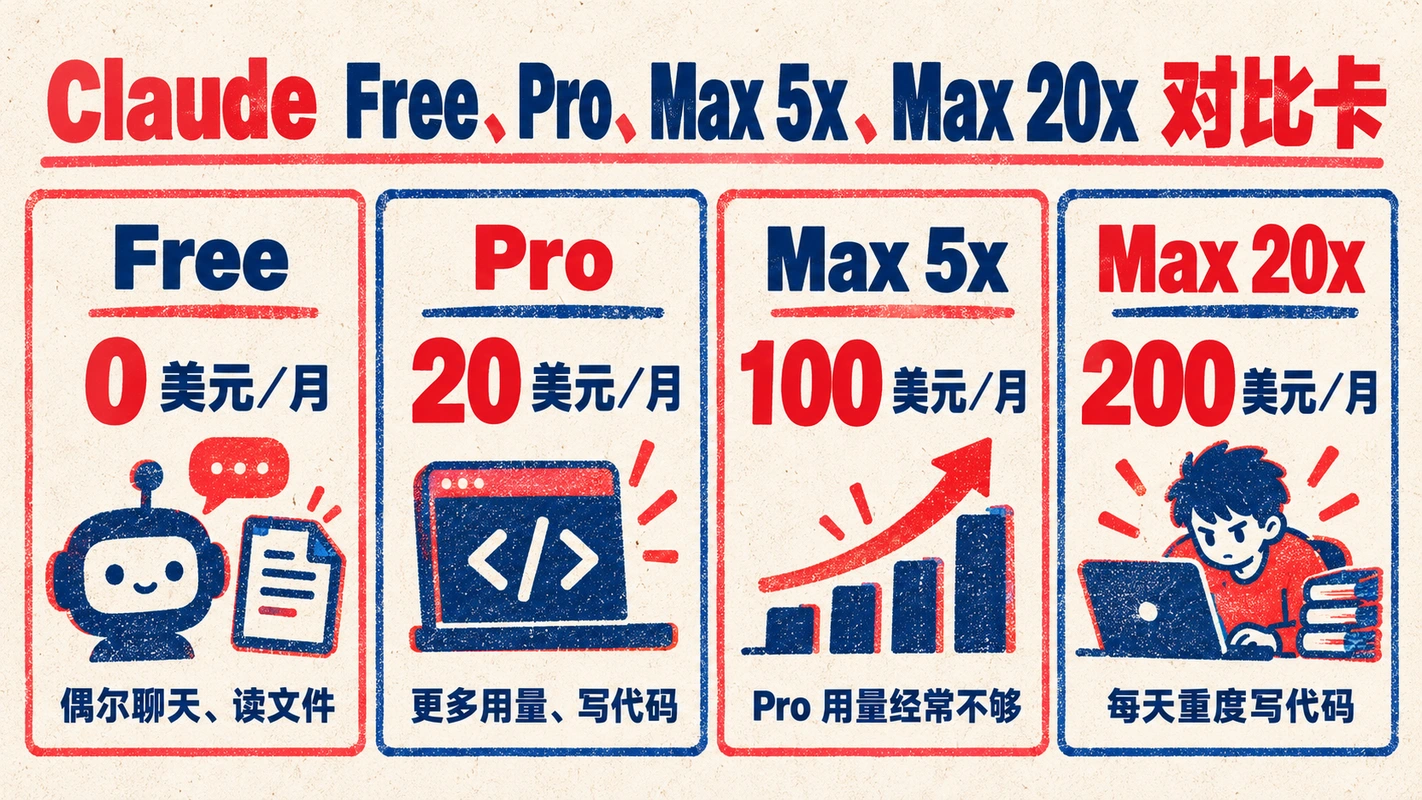 Claude Free、Pro、Max 5x、Max 20x 对比卡