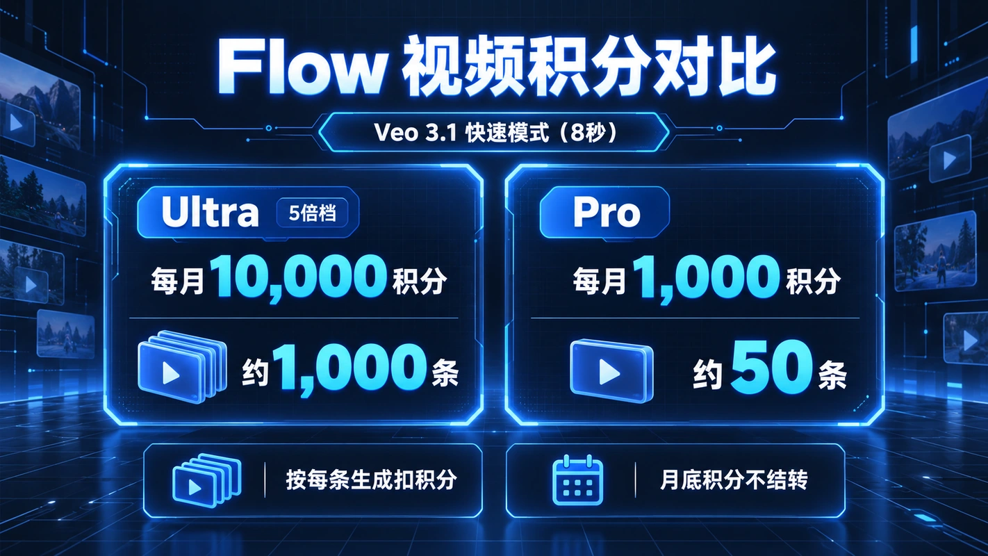 Flow 视频积分对比：Ultra 每月 10,000 积分约 1,000 条，Pro 每月 1,000 积分约 50 条