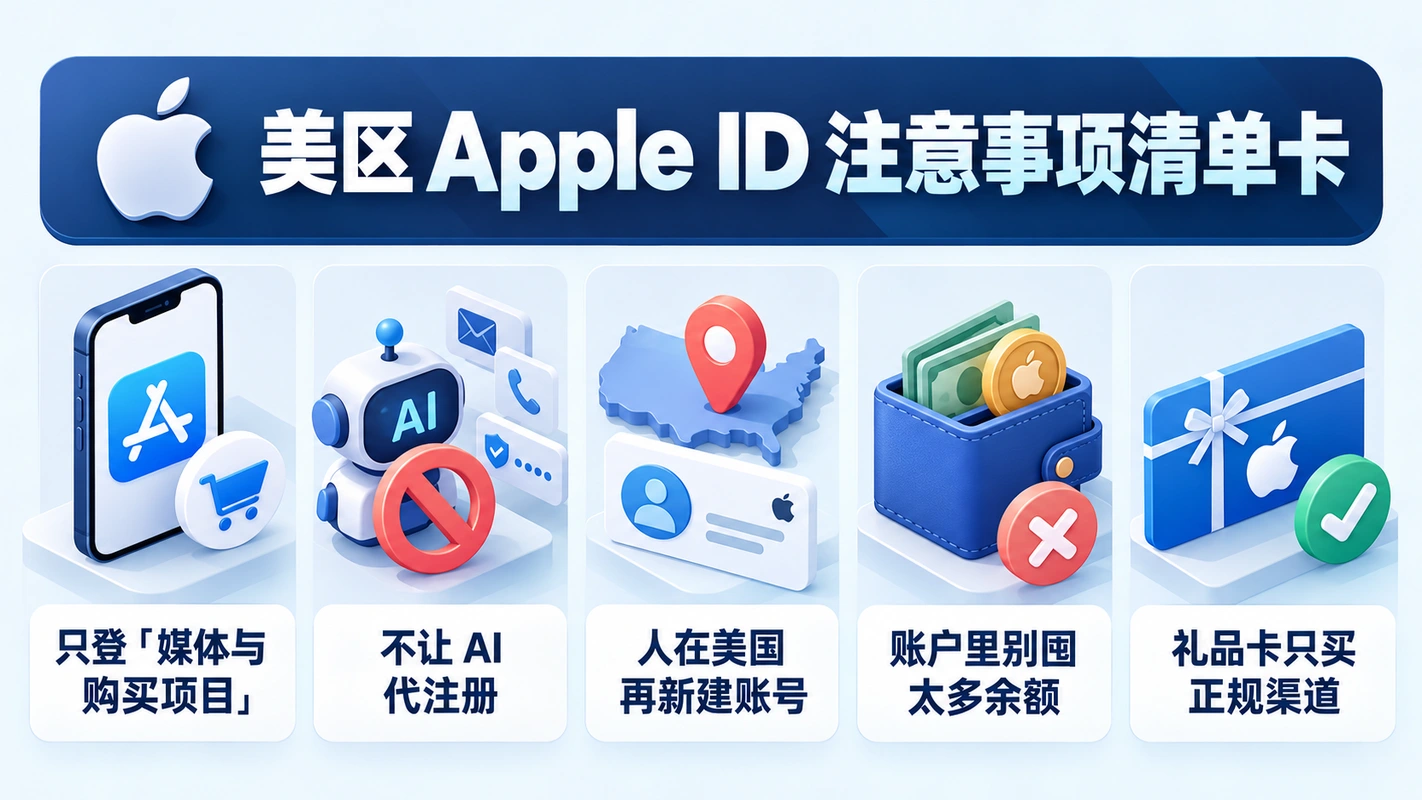 美区 Apple ID 注意事项清单卡