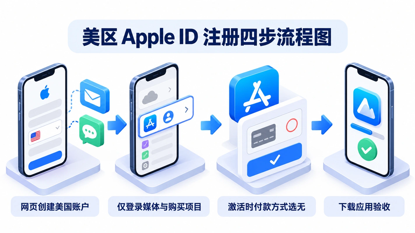 美区 Apple ID 注册四步流程图