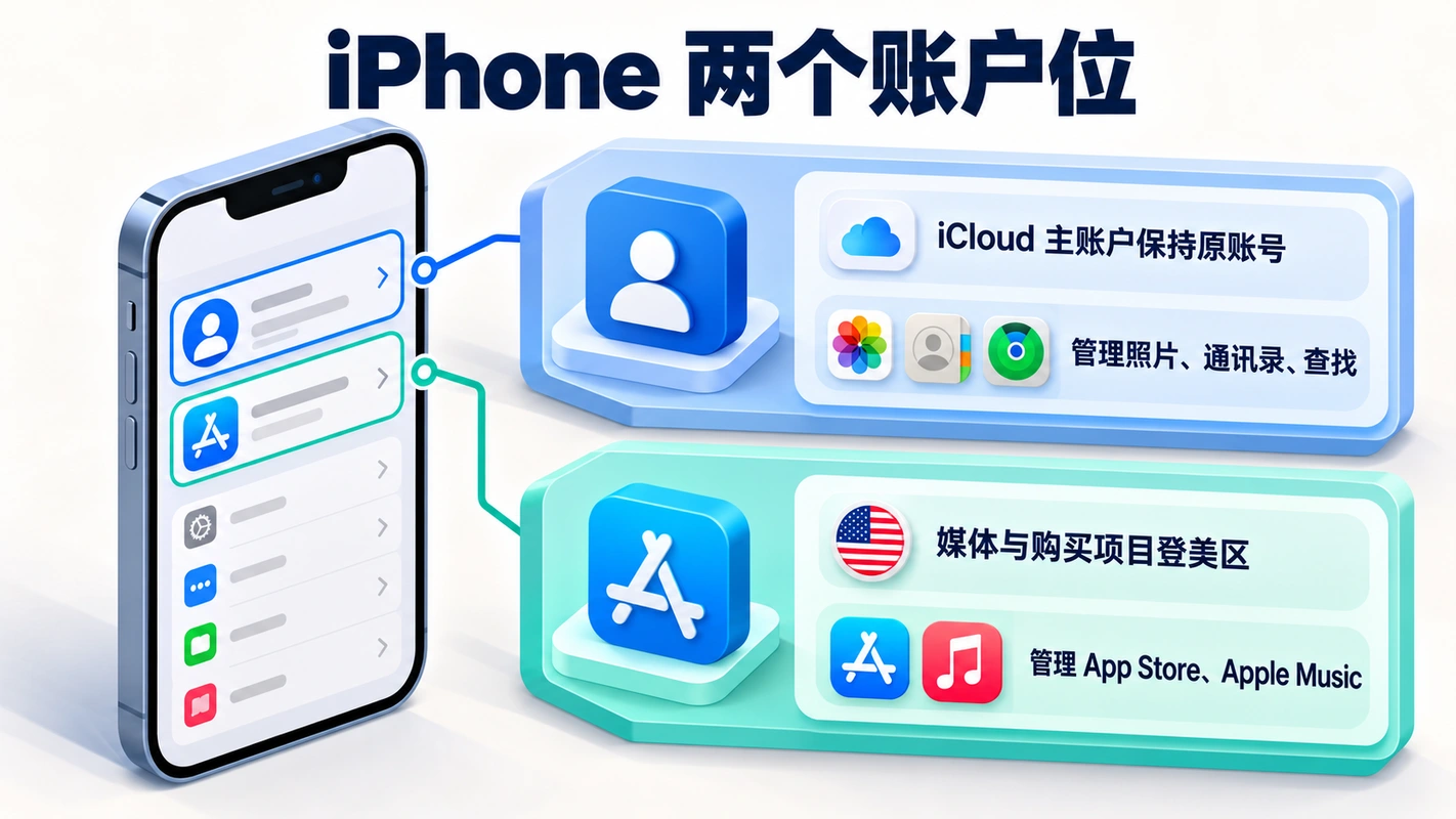iPhone 两个账户位示意图：iCloud 主账户保持原账号，媒体与购买项目登录美区账号