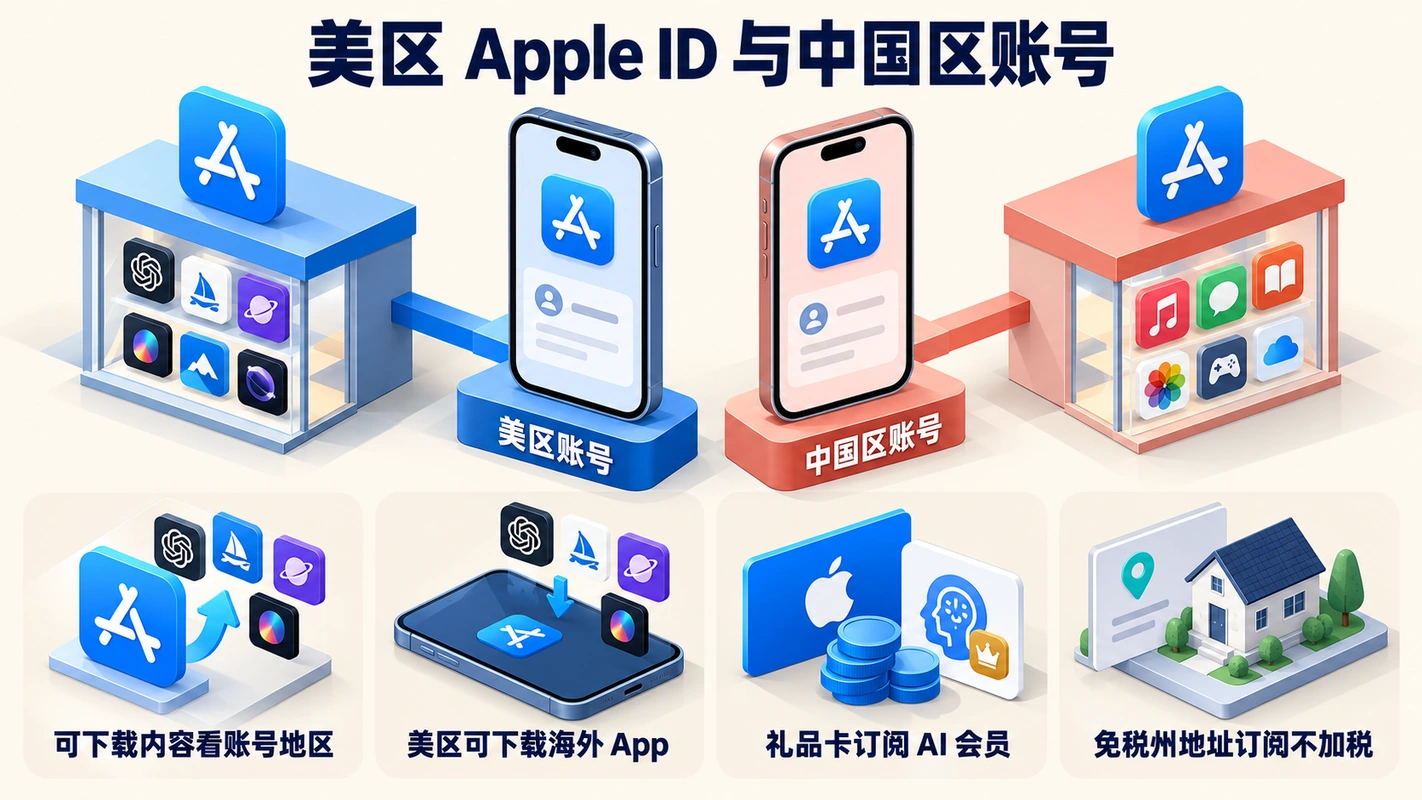 美区 Apple ID 和中国区账号能做什么的对比图
